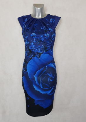 Robe femme fourreau bleu roi fleurie et col plissé avec petites manches