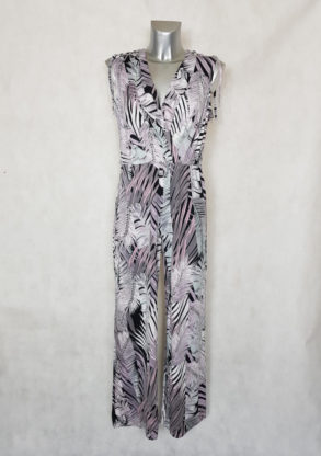 Combi-pantalon large femme ceinture élastique feuille tropicale et col cache-cœur.