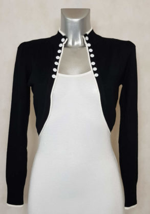 Gilet court de cérémonie femme manches longues noir liseré blanc.