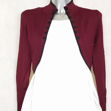 Boléro chic en maille femme manches longues bordeaux avec liseré noir