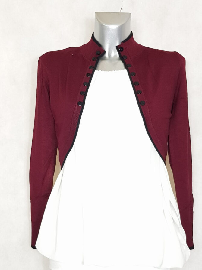 Boléro chic en maille femme manches longues bordeaux avec liseré noir