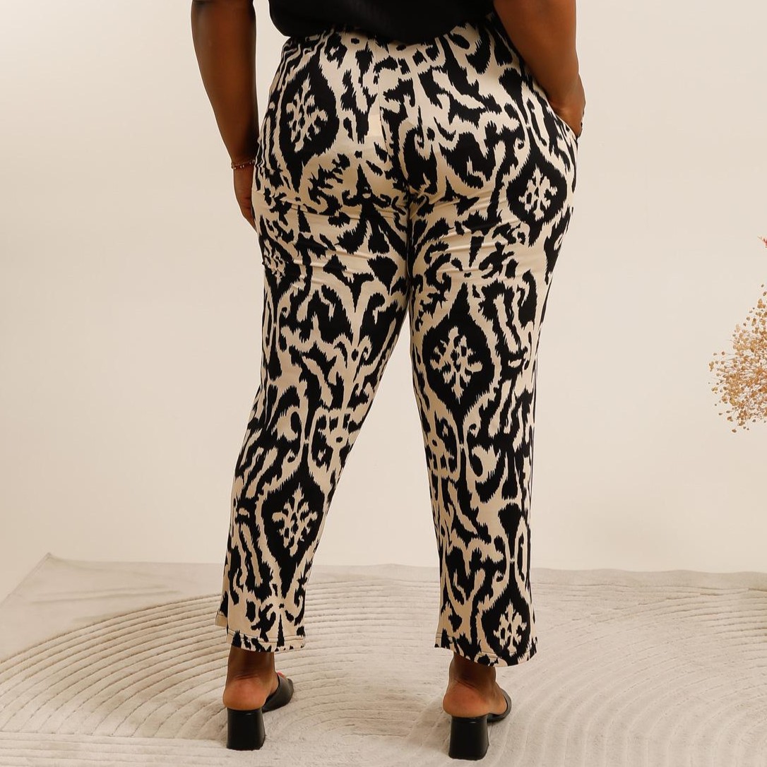 Pantalon large imprimé femme ronde palazzo fluide avec taille smock confort jusqu'a la taille 60 farication francaise