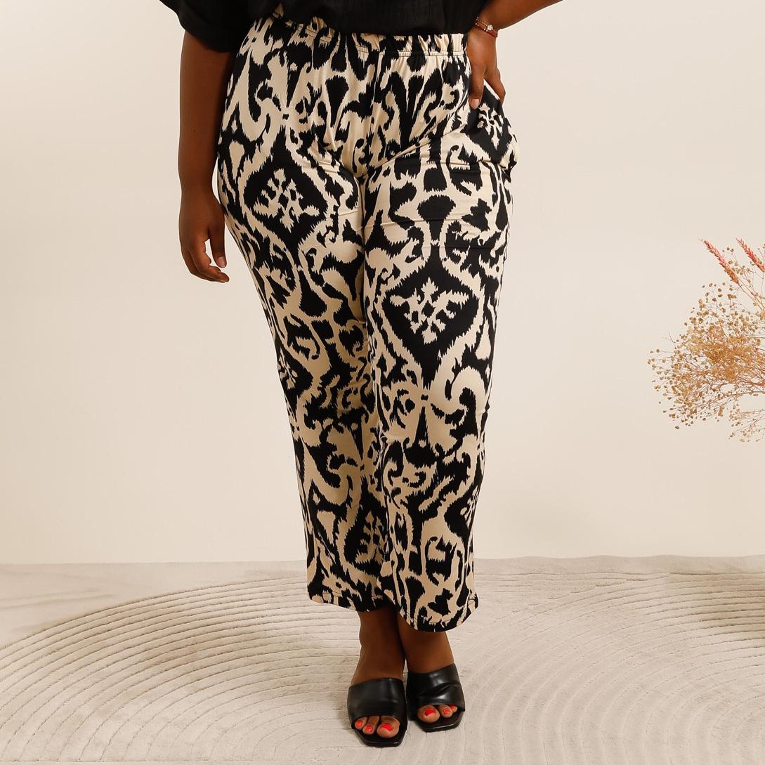 Pantalon large imprimé femme ronde palazzo fluide avec taille smock confort