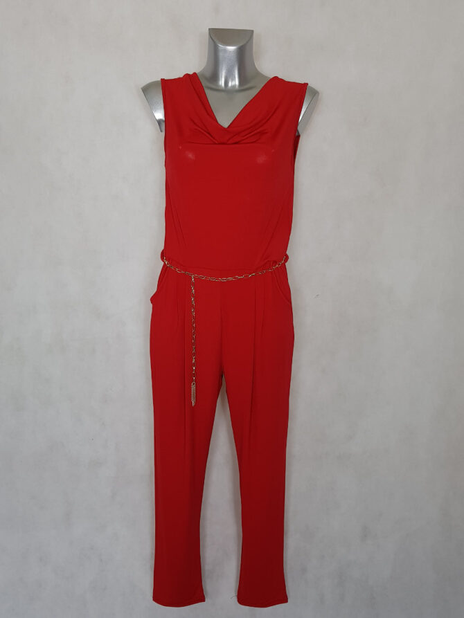 Combinaison femme rouge;Combinaison pantalon femme chic rouge à ceinture col bénitier et sans manches
