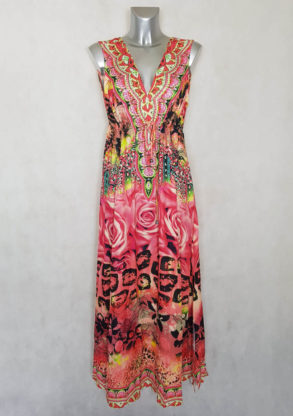 Robe femme longue voile orange à motif et strass avec ceinture à nouer.