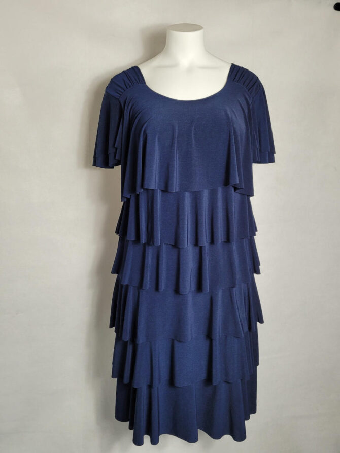 Robe droite bleu marine chic grande taille habillée à volants