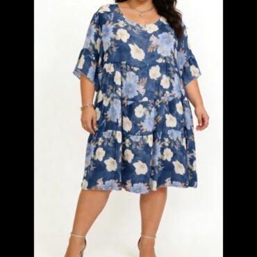 robe élégante femme ronde floral manche courte coupe trapèze