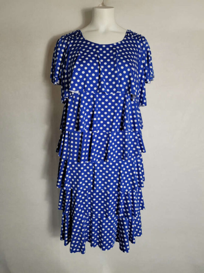 Robes a pois blancs et bleu roi intemporelle Cette robe à volants est idéale pour cacher le ventre, disponible jusqu'a la taille 50