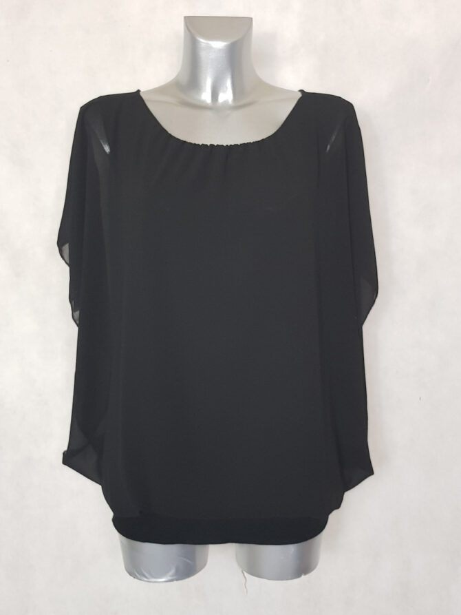Tunique moderne grande taille.Tunique soirée en voile noir femme grande taille manches courtes bénitier