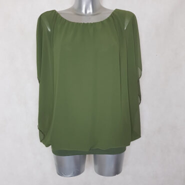 Haut en voile base élastique femme grande taille kaki 2 en 1 col rond élastiqué et manches courtes bénitier.Tunique chic femme ronde manches courtes