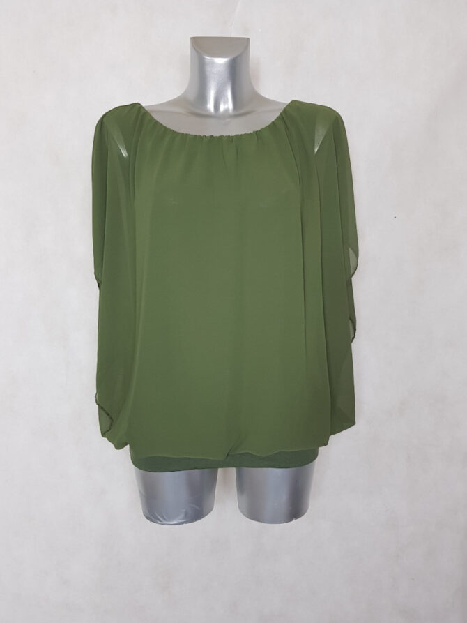 Haut en voile base élastique femme grande taille kaki 2 en 1 col rond élastiqué et manches courtes bénitier.Tunique chic femme ronde manches courtes
