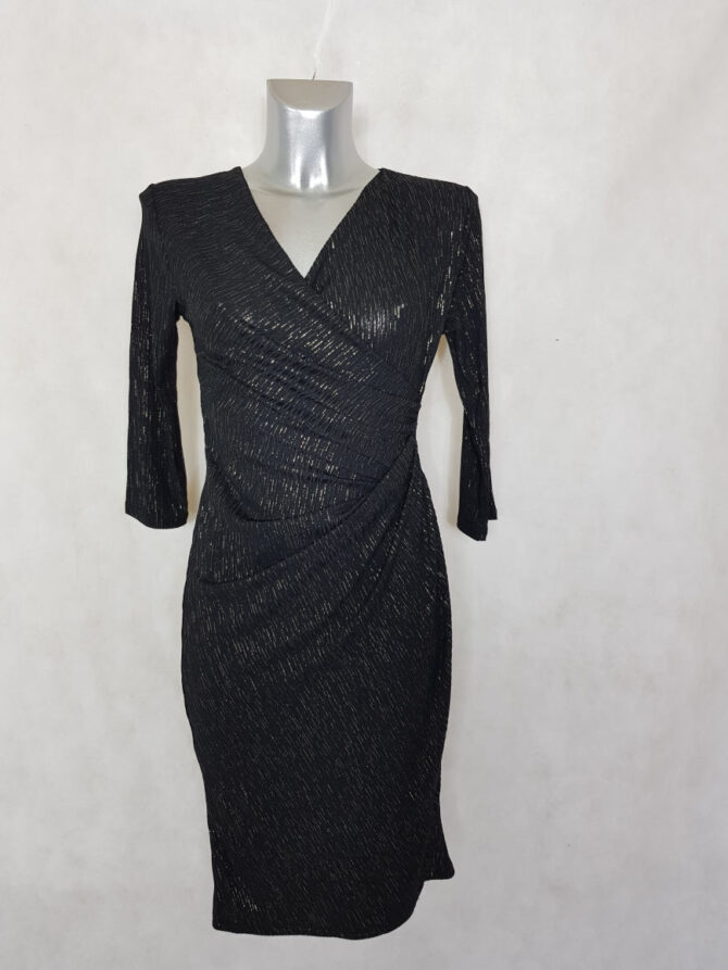 Robe femme fluide drapée noir pailletée col V cache coeur et manches 3/4