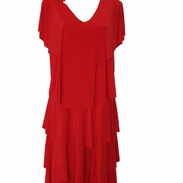 Robe cocktail pour femme ronde rouge volants superposés​ amincissant​ manches courtes