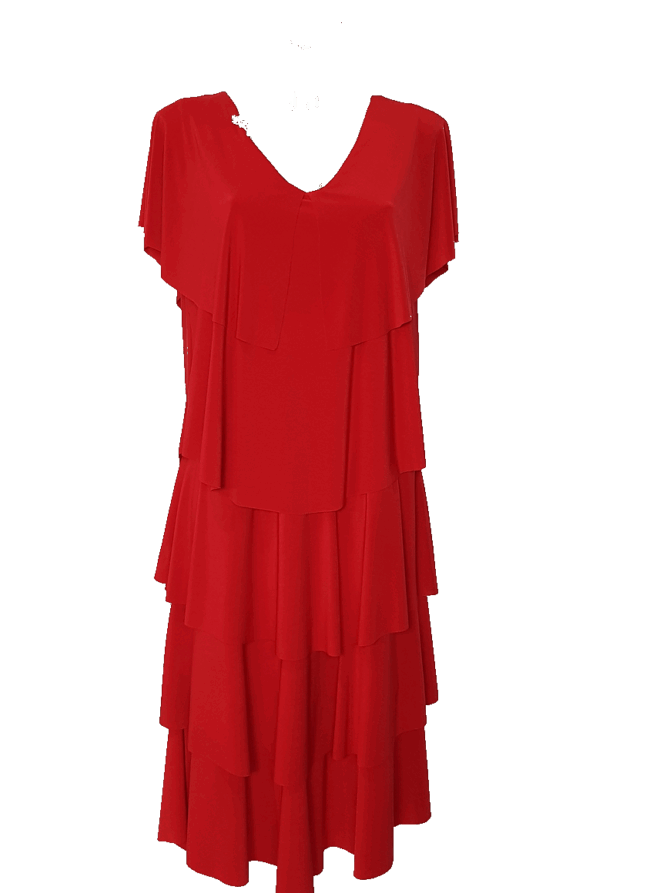 Robe cocktail pour femme ronde rouge volants superposés​ amincissant​ manches courtes