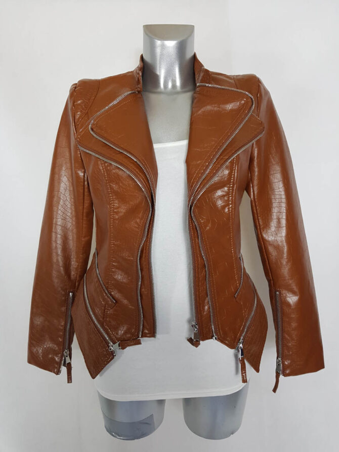 Perfecto femme court cintré similicuir croco camel