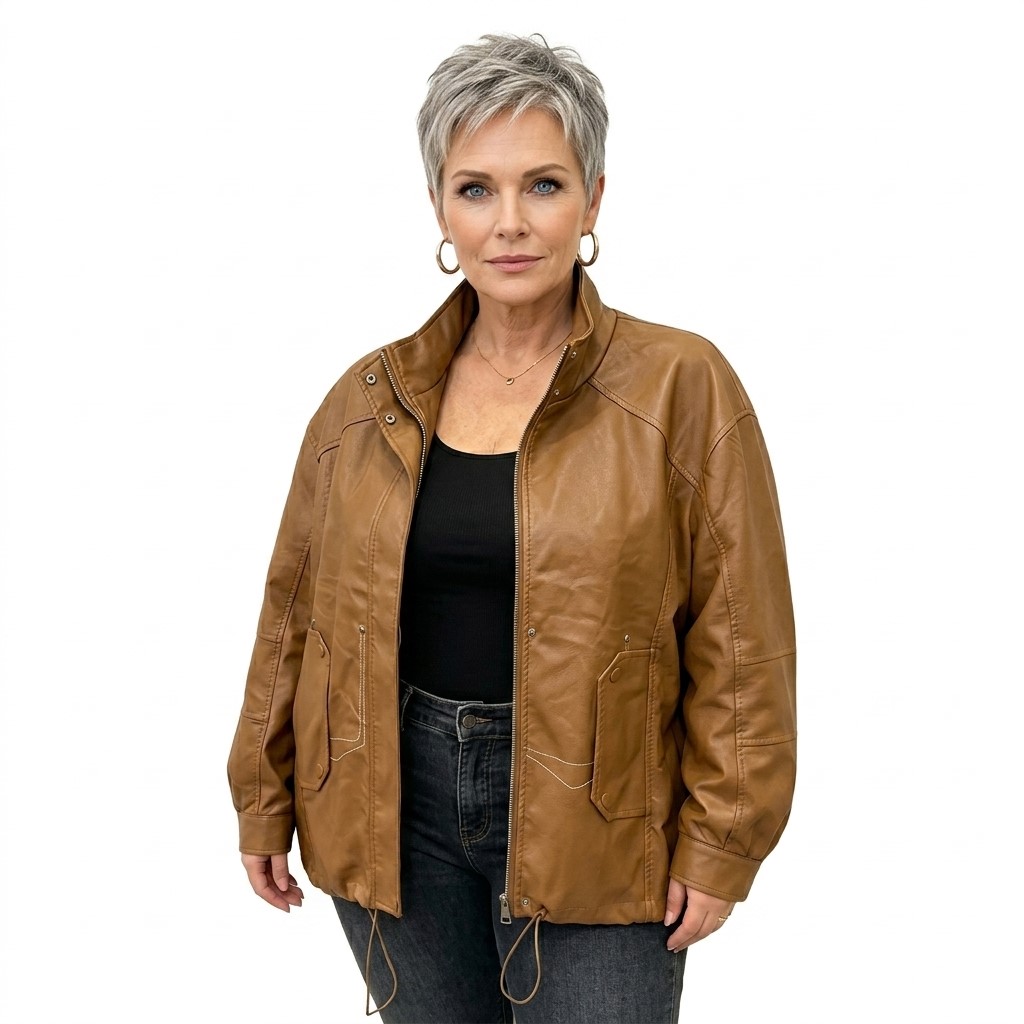 veste en simili cuir femme camel porté par une femme senior ronde Morphologie en O femme ronde