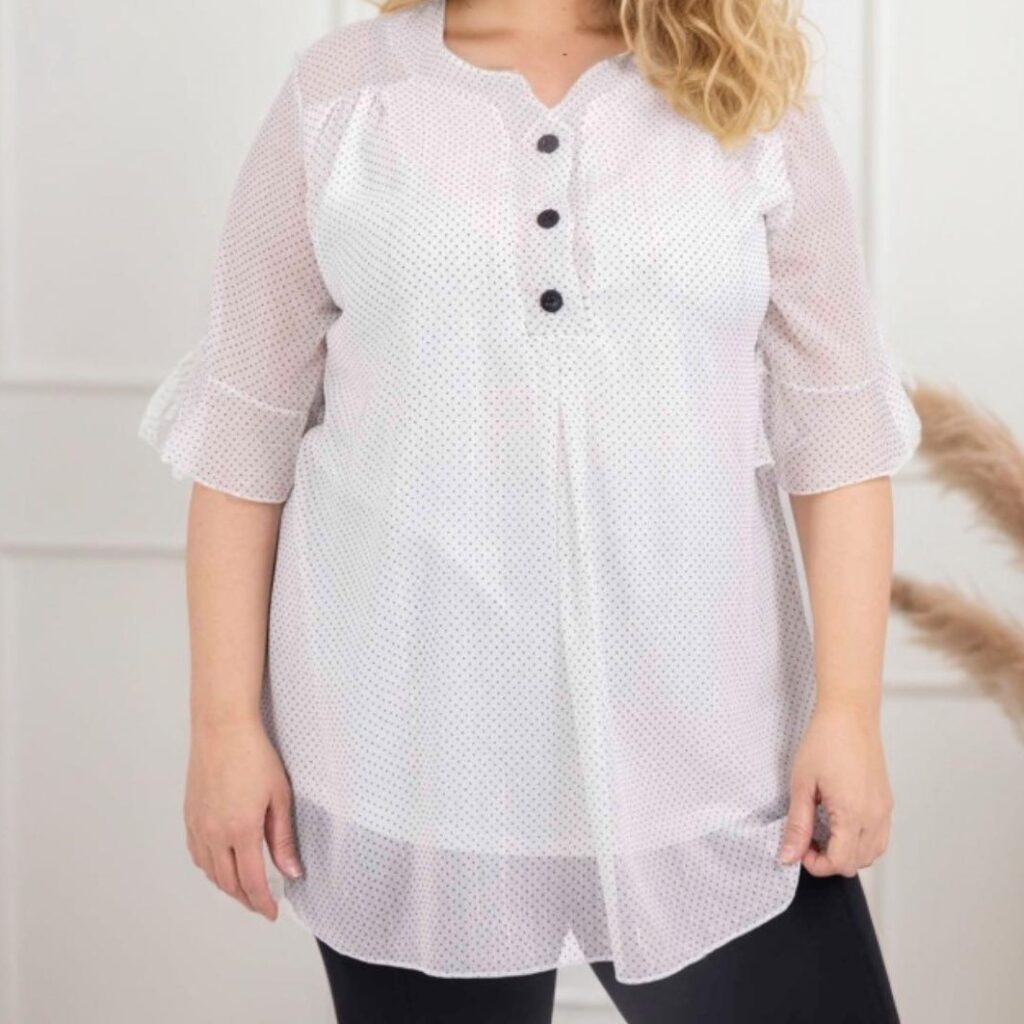 Tunique chemisier blanc femme grande taille | mousseline avec col en bouton et fils métallisés Chemisier femme chic tendance blanc dentelle