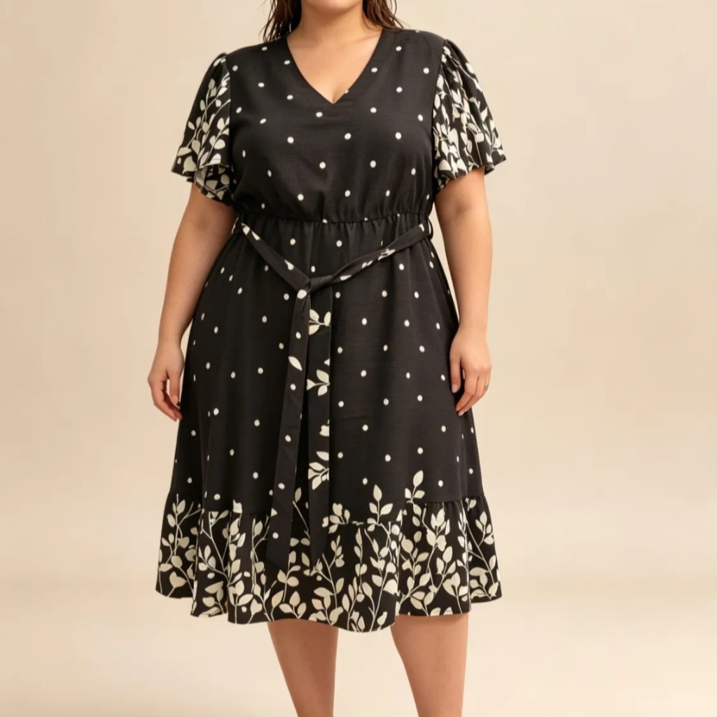 robe courte noire chic femme ronde floral fond noir fleurs blanches