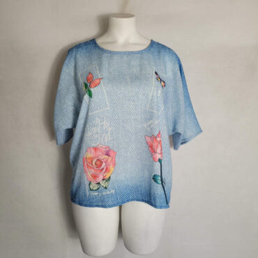 haut original femme forte en lin coton avec motif jeans et fleur col rond parfaite pour l'été