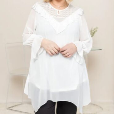 chemisier habillé femme blanc manches longues en voile et dentelle