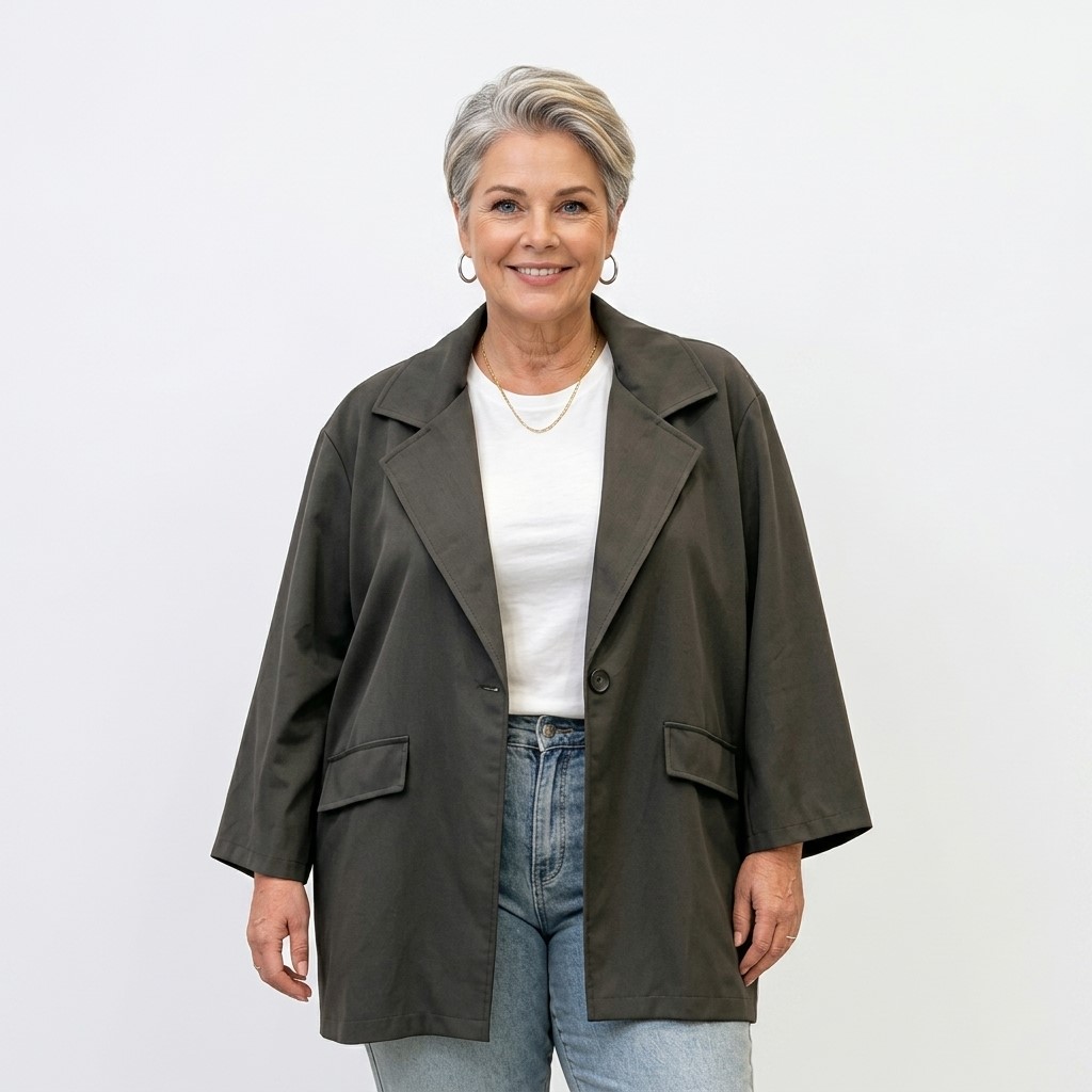 Veste blazer noir habillé porté par femme grande taille senior