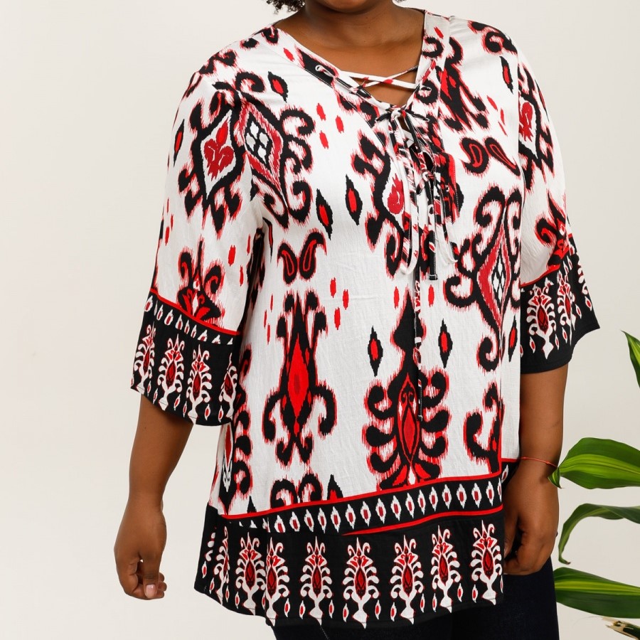 Tunique fluide femme pour femme grande taille manches 3/4 en évasées et motif baroque