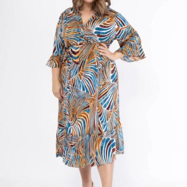 robe longue manche courte fluide | femme grande taille élégante | Manches courtes et col cache coeur coupe trapéze