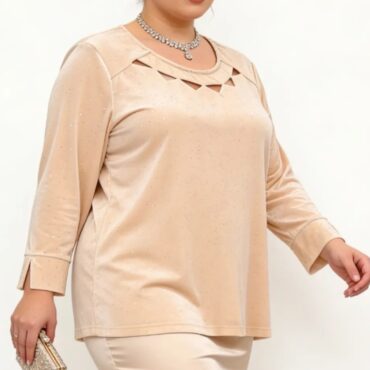 Tunique paillette grande taille avec sequin creme coupe évasée et manches longue