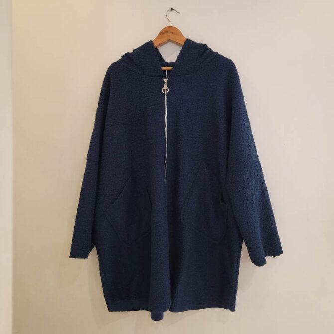 manteau en laine bouillie pour femme​ grande taille marine à capuches et manches longues