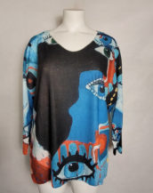Pull fin abstrait visage bleu femme grande taille