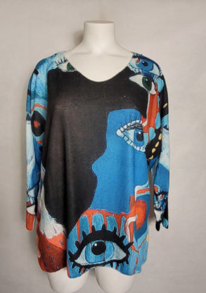 Pull fin abstrait visage bleu femme grande taille