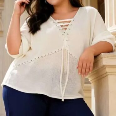 Tunique femme blanc grande taille printanière, col lacé, coton stretch col V | manches courte