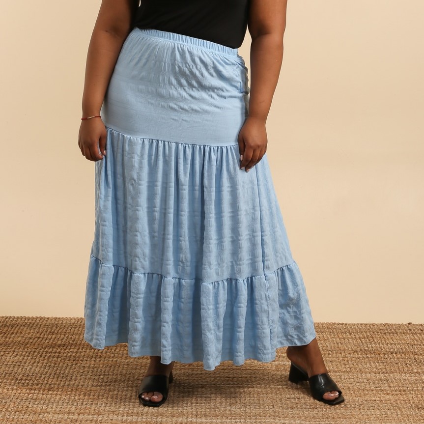 jupe coton longue bleu femme grande taille avec ceinture élastique