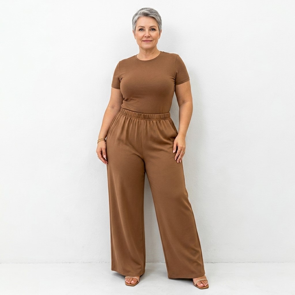 Pantalon palazzo fluide camel porté par une femme 50ans plus size sur fond blanc neutre.