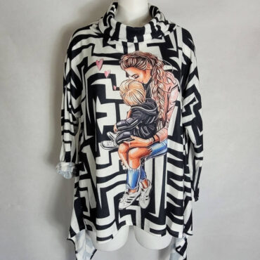 Pull large col roulé noir blanc femme ronde