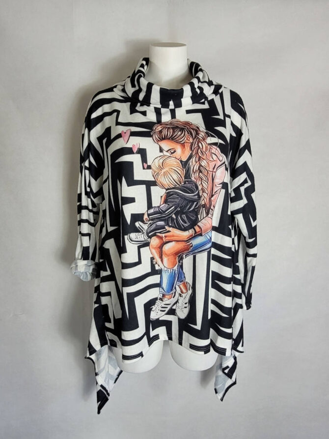 Pull large col roulé noir blanc femme ronde