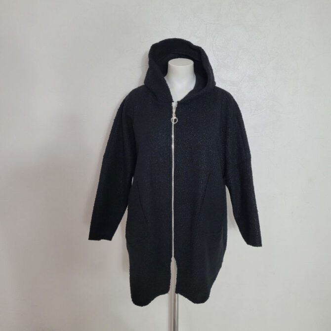 manteau en laine bouillie noir femme​ grande taille à capuches fermeture eclair manches longues