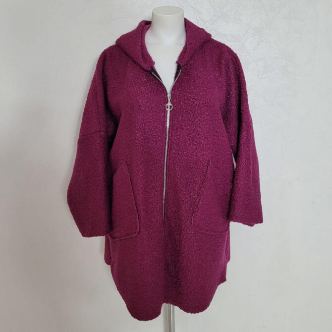 Manteau lainage à capuche grande taille couleur prune manches longues