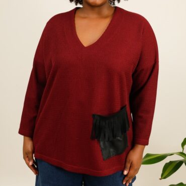 pull long grande taille femme col v et coupe droite uni avec poche