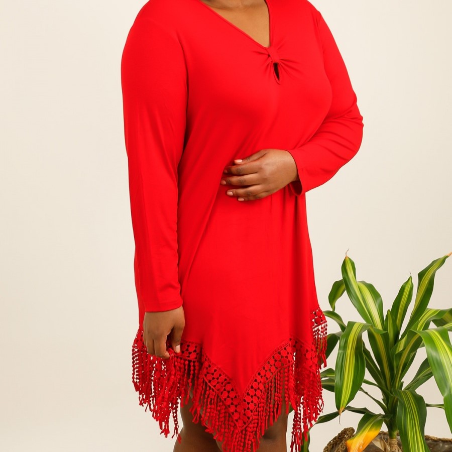 tunique longue femme chic rouge à frange