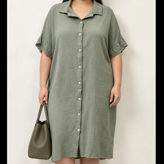 robe chemise kaki grande taille col v manches courte coton matiere vetement confortable femme senior