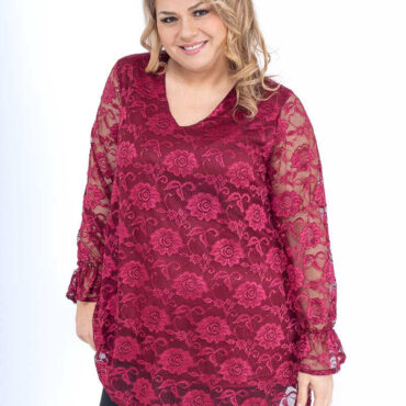 vetement femme grande taille original. Tunique chic dentelle rouge femme ronde col V