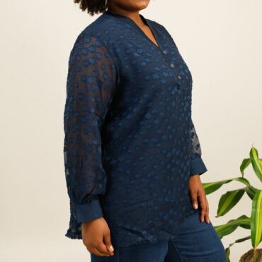 Chemisier blouse marine femme grande taille à manche longue bouffante et col v| chemisiers et tuniques femme