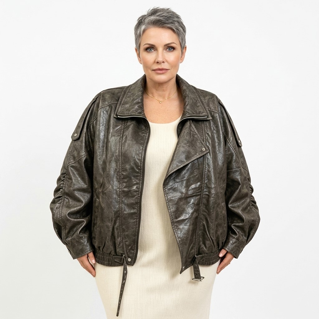 Femme senior moderne avec veste simili cuir femme grande taille. Blouson veste longue mi saison couleur rouge disponible en grande taille le must have de la gade robe
