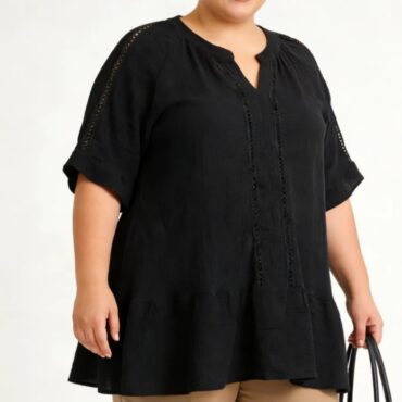 Chemisier noir femme chic grande taille à manche 3 4 et col v| chemisiers et tuniques femme chic pour cerenonie | vetement pour femme ronde style boho