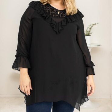 Chemisier blouse noir femme grande taille à manche longue bouffante et col v| chemisiers et tuniques femme