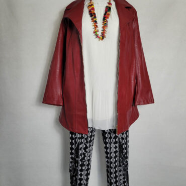 Idée look Blouson veste longue mi saison rouge +tunique et pantalon taille élastique