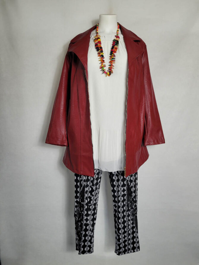 Idée look Blouson veste longue mi saison rouge +tunique et pantalon taille élastique