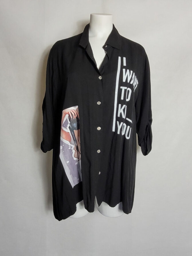 chemise noire femme grande taille. Habit Chemise grande taille noir motif original pour femme