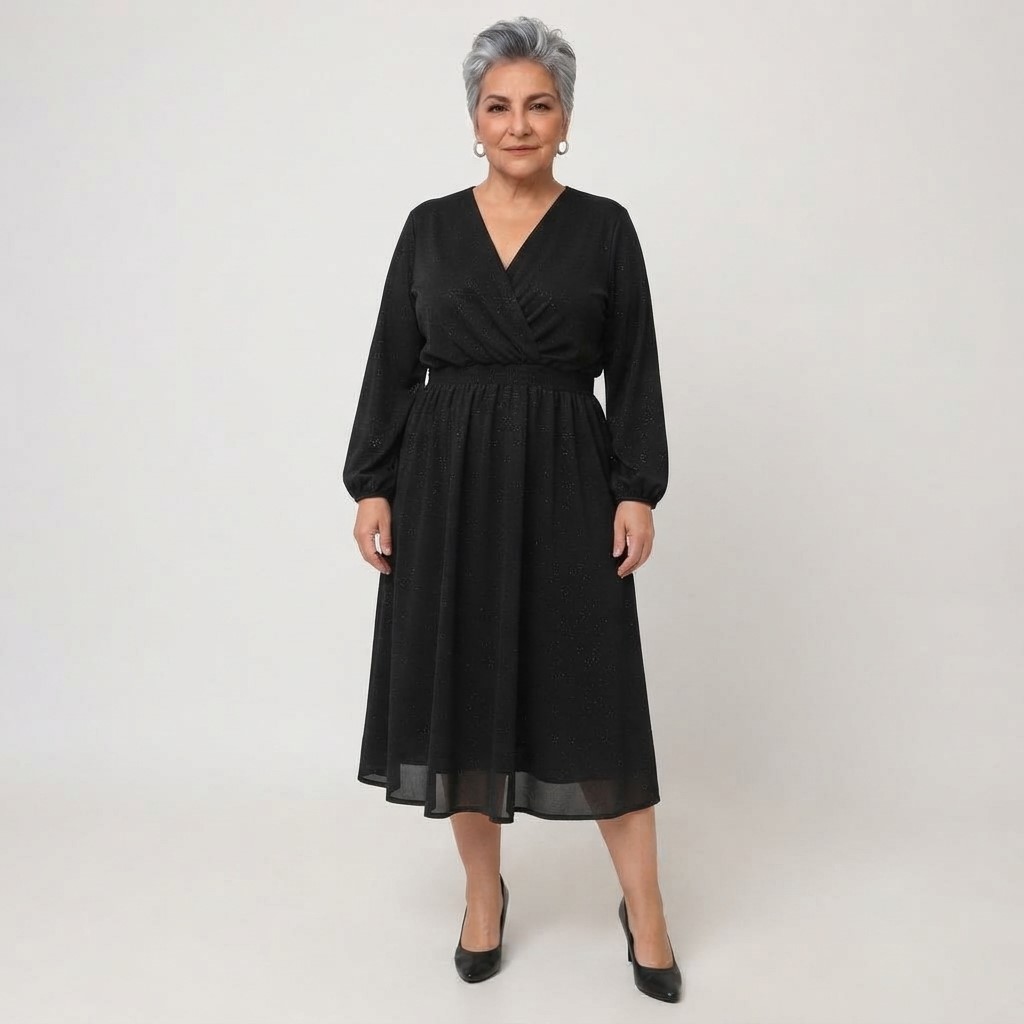 Robe Longue Chic et élégante noir grande taille porté par femme senior